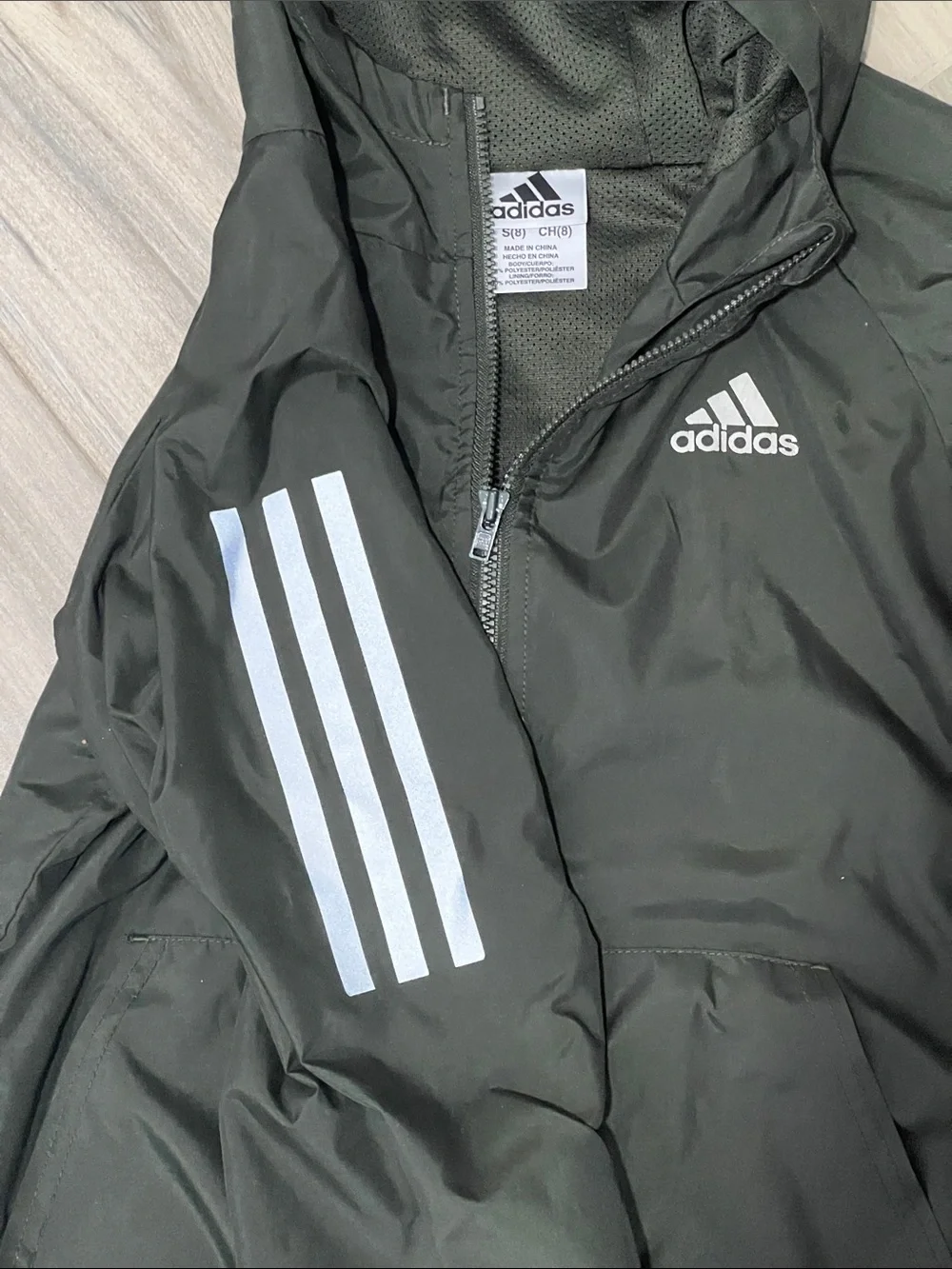 adidas Kids Army green Hooded Windbreaker with Gray Iridescent Stripe Accents